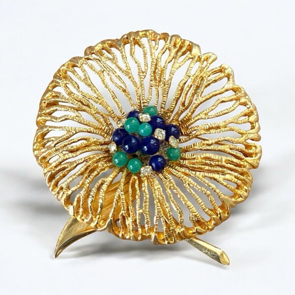 Vintage 1970s Sea Flower Brooch Gold Tone Oversized Blue Green Glass Rhinestone